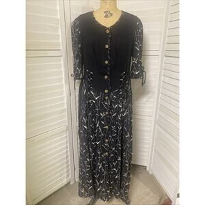 VTG Black Viscose Floral German Bavarian Long Dirndl Dress Oktoberfest Large